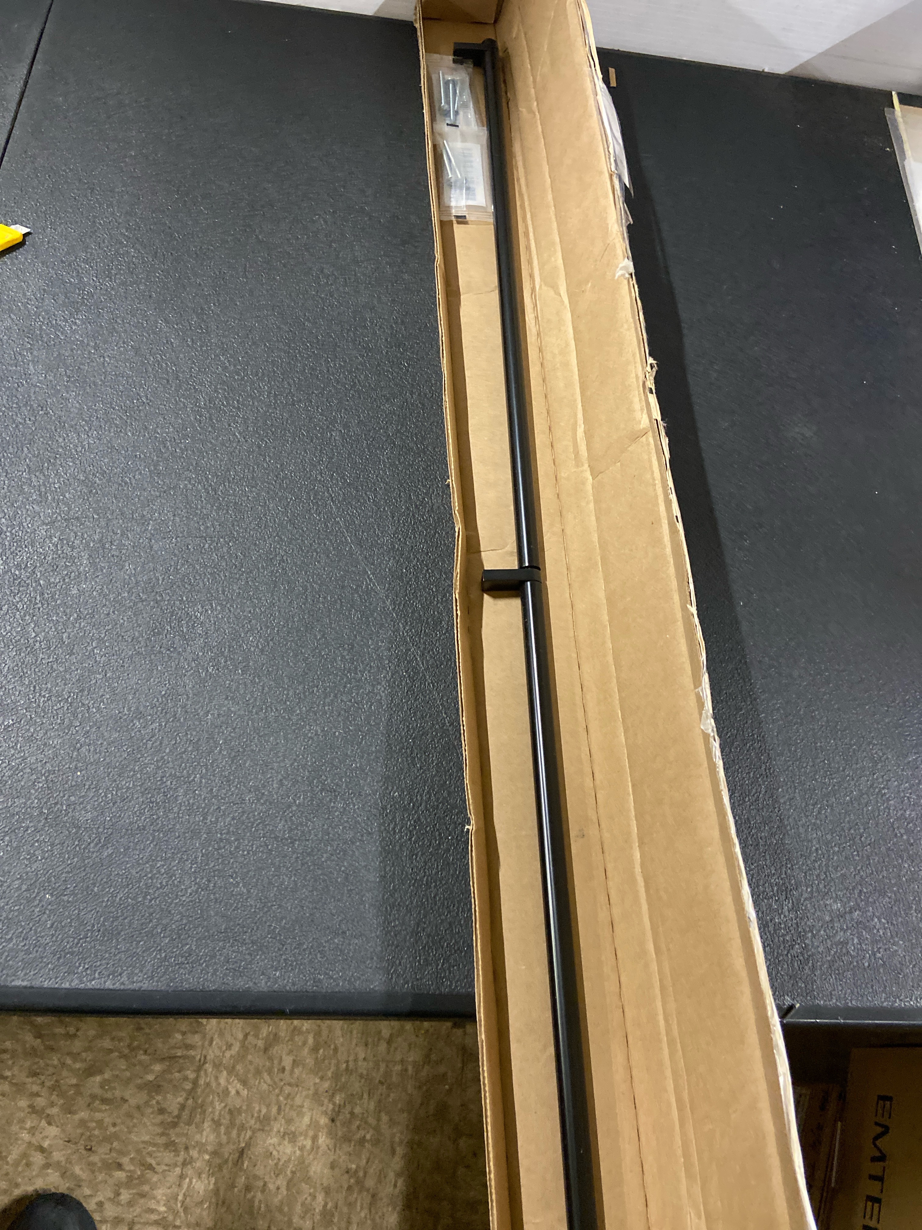Actual inventory photograph: Emtek 84063.RECUS19.SMUS19 Smooth 36 Inch Center to Center Bar Cabinet Pull with Rectangular Stem from the SELECT Collection - Flat Black / Flat Black Stem