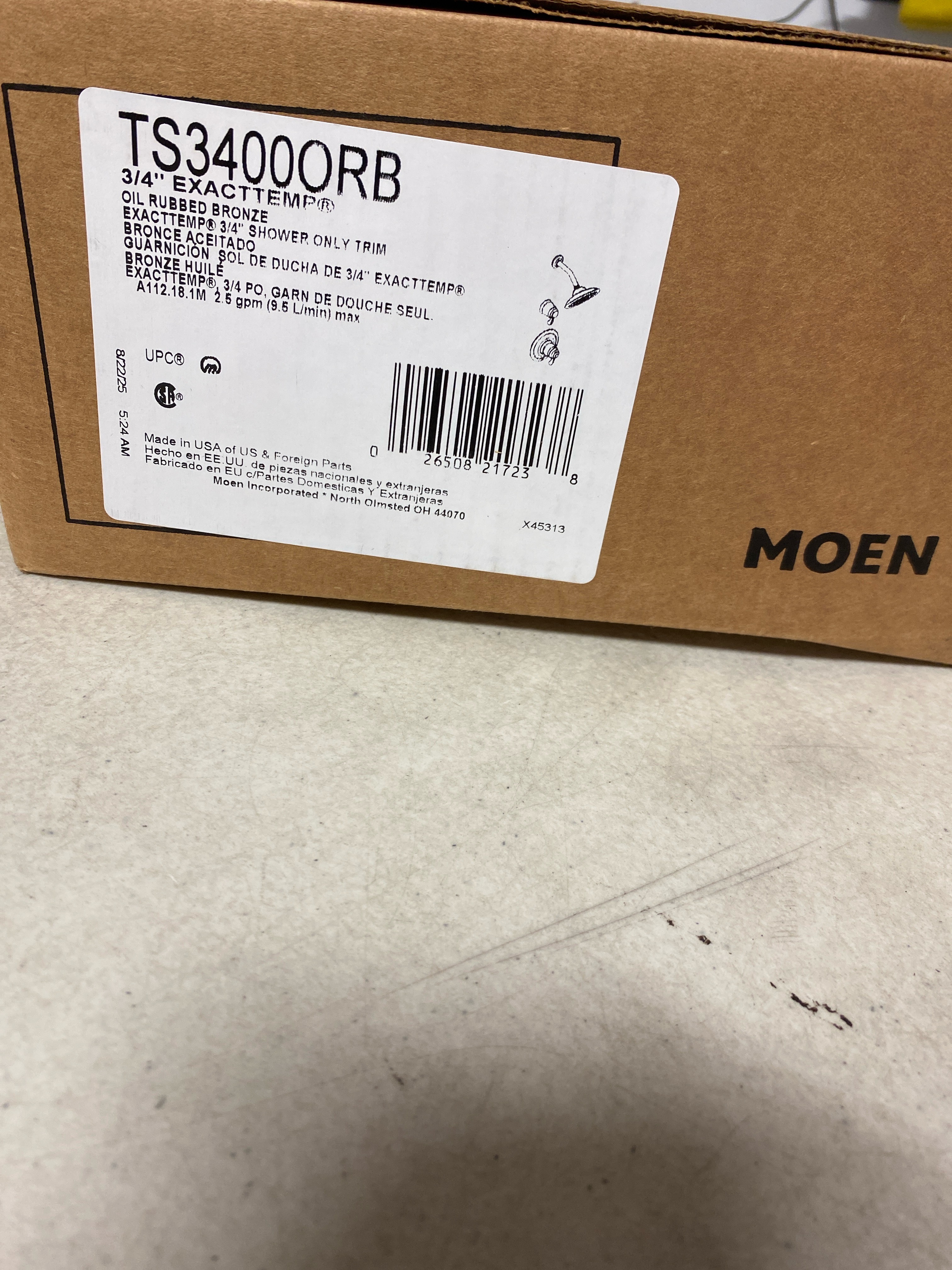Actual inventory photograph: Moen TS3400ORB Double Handle ExactTemp Thermostatic Shower Trim with Rain Shower Head and Volume Control (Less Valves) - Oil Rubbed Bronze