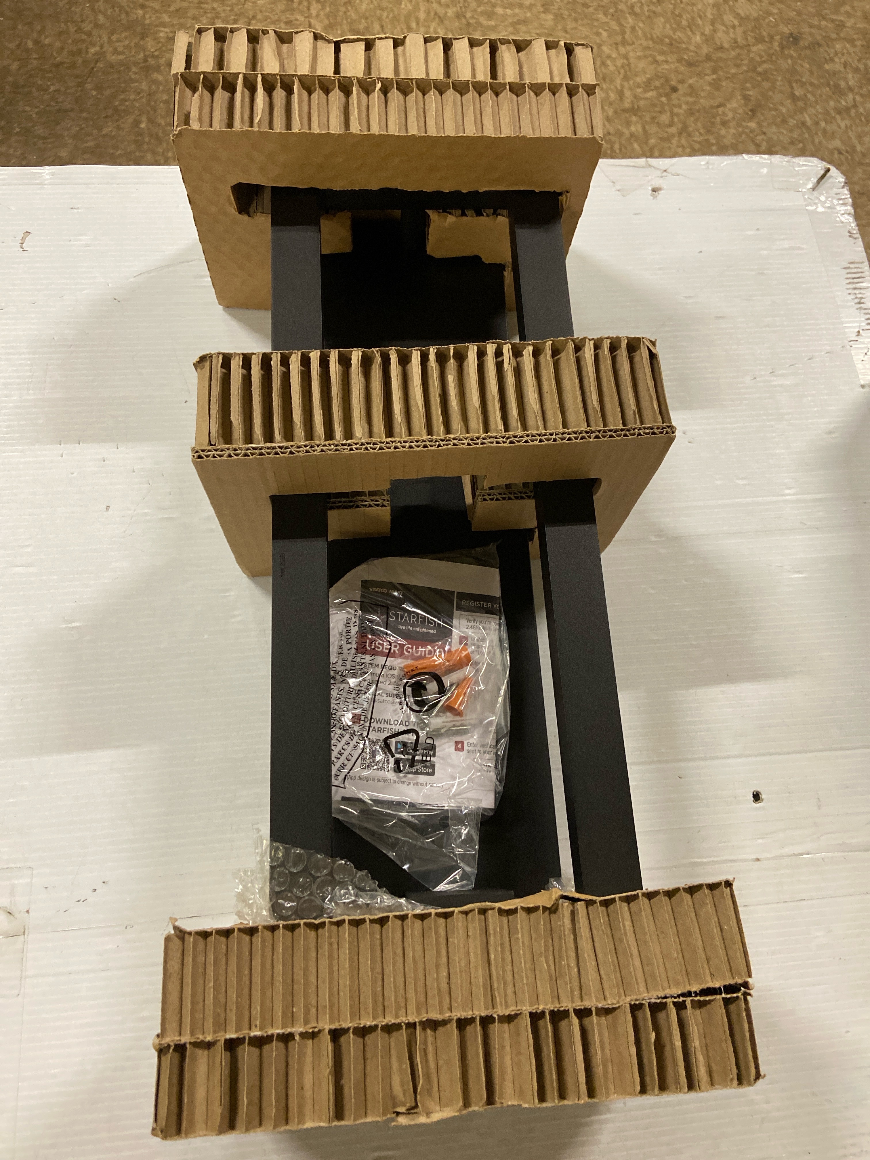 Actual inventory photograph: Satco 62/2302 Crew 19.13 in. Sand Black Outdoor Hardwired Wall Lanterm Sconce with Integrated LED