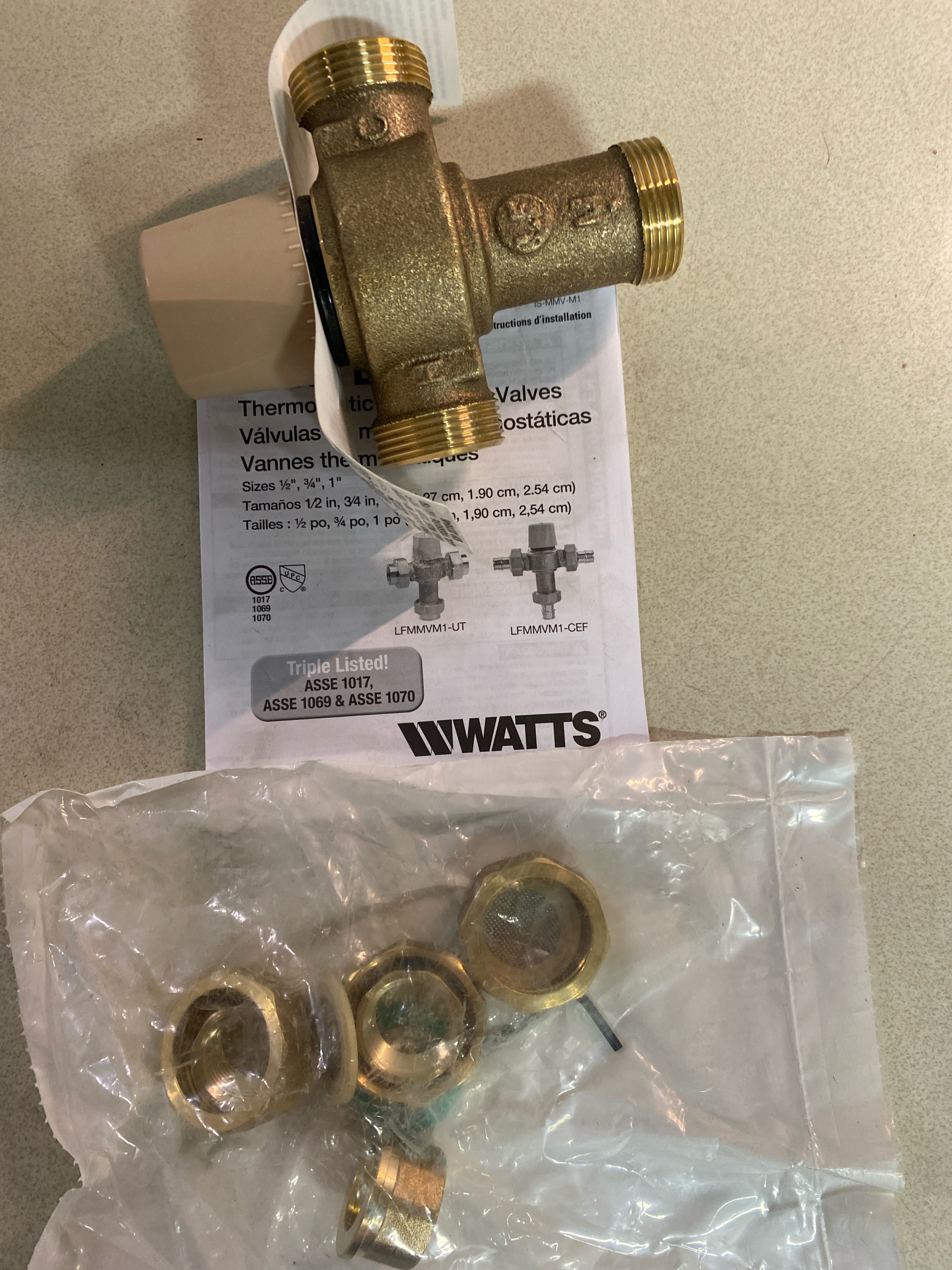 Actual inventory photograph: Watts 0559116 LFMMV-UT 1/2" Lead Free Thermostatic Mixing Valve with Threaded Connections - N/A