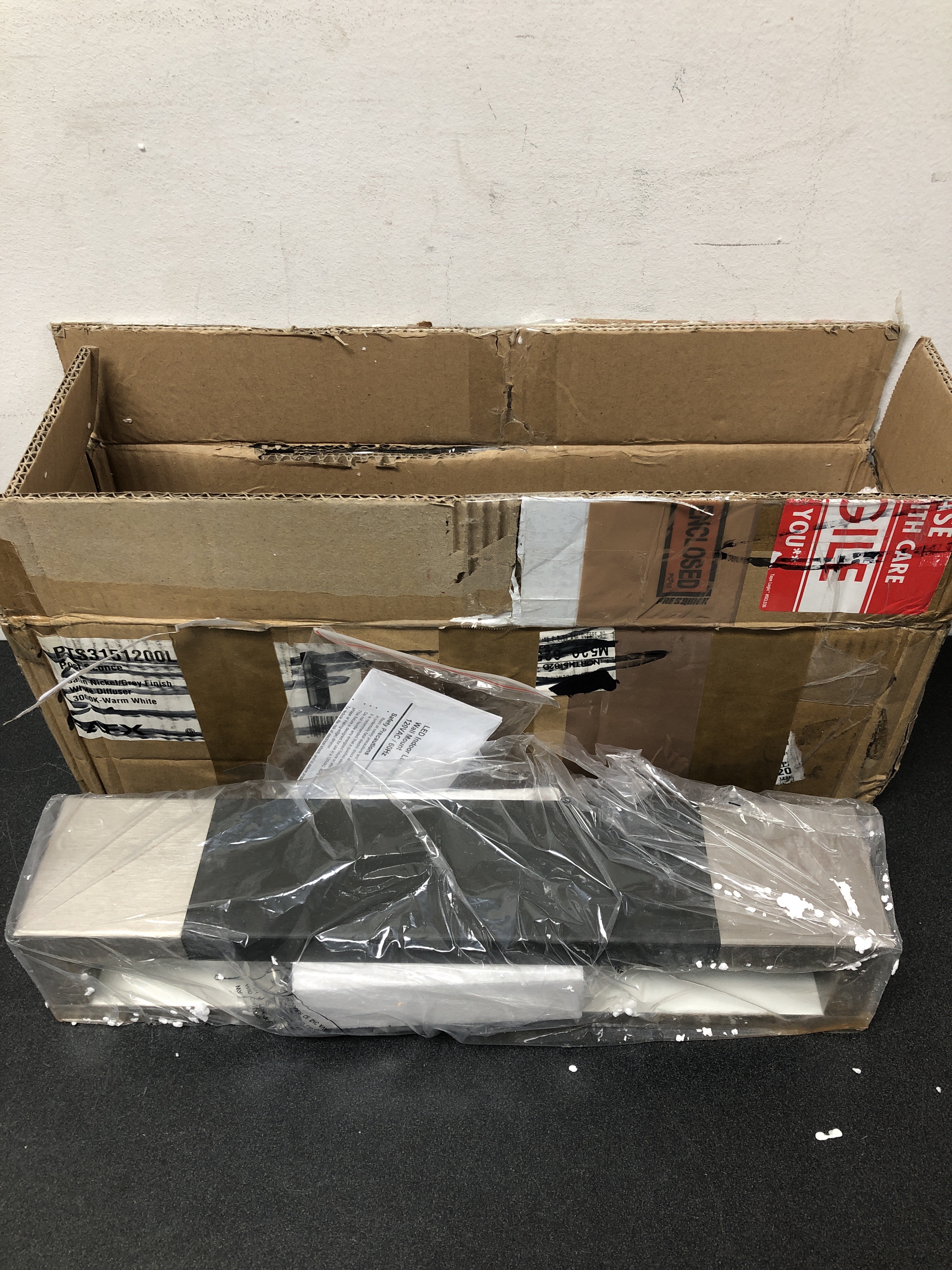 Actual inventory photograph: AFX PTS3151200L30D1SNGY Post 14" Tall LED Wall Sconce - Satin Nickel / Grey