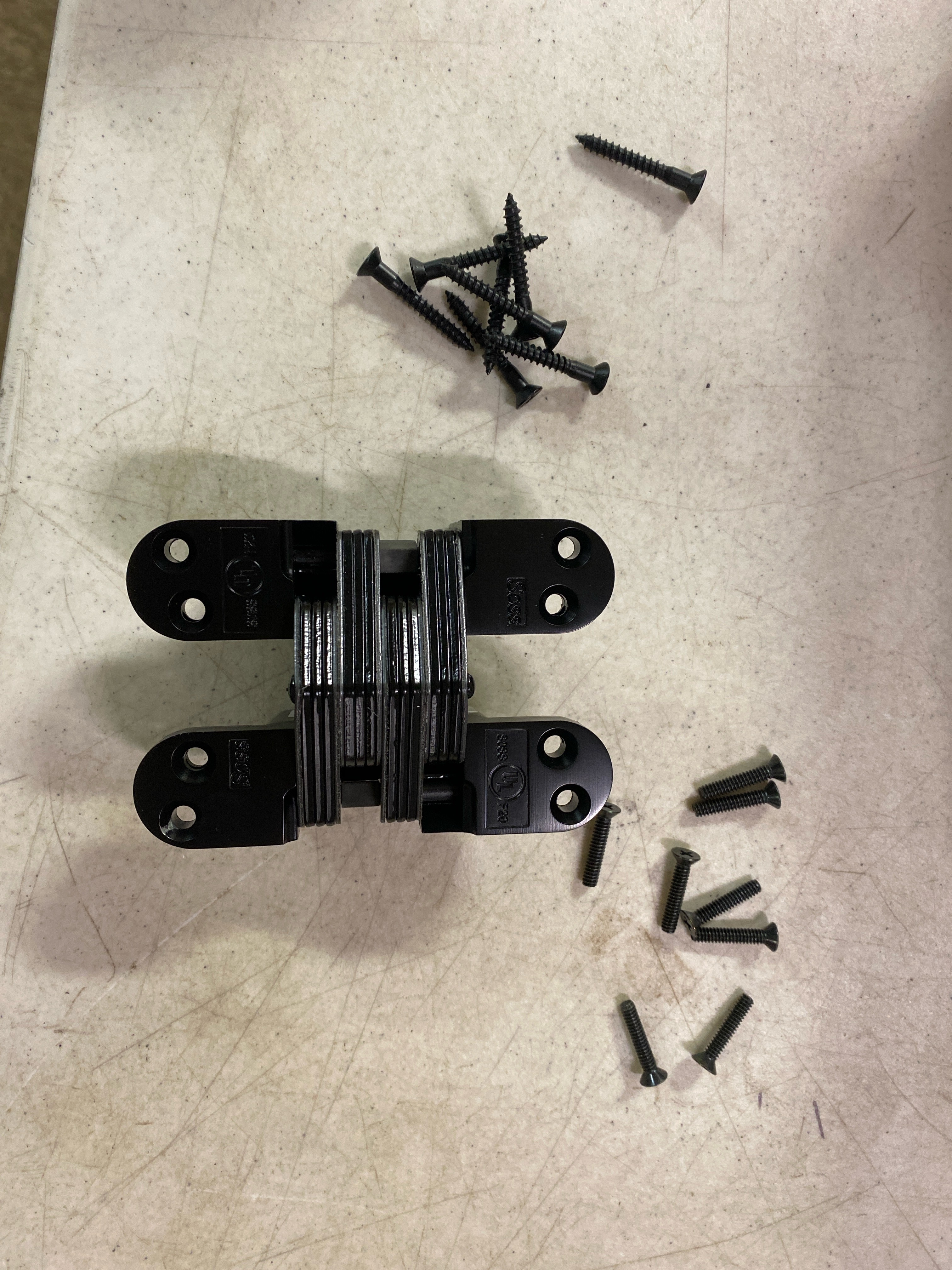 Actual inventory photograph: SOSS Invisible Hinge Model 218 for 1-3/4" Thick Material, 20 Minute Fire Rated, Zinc, Bright Nickel Exterior Finish, Model Number 218US14