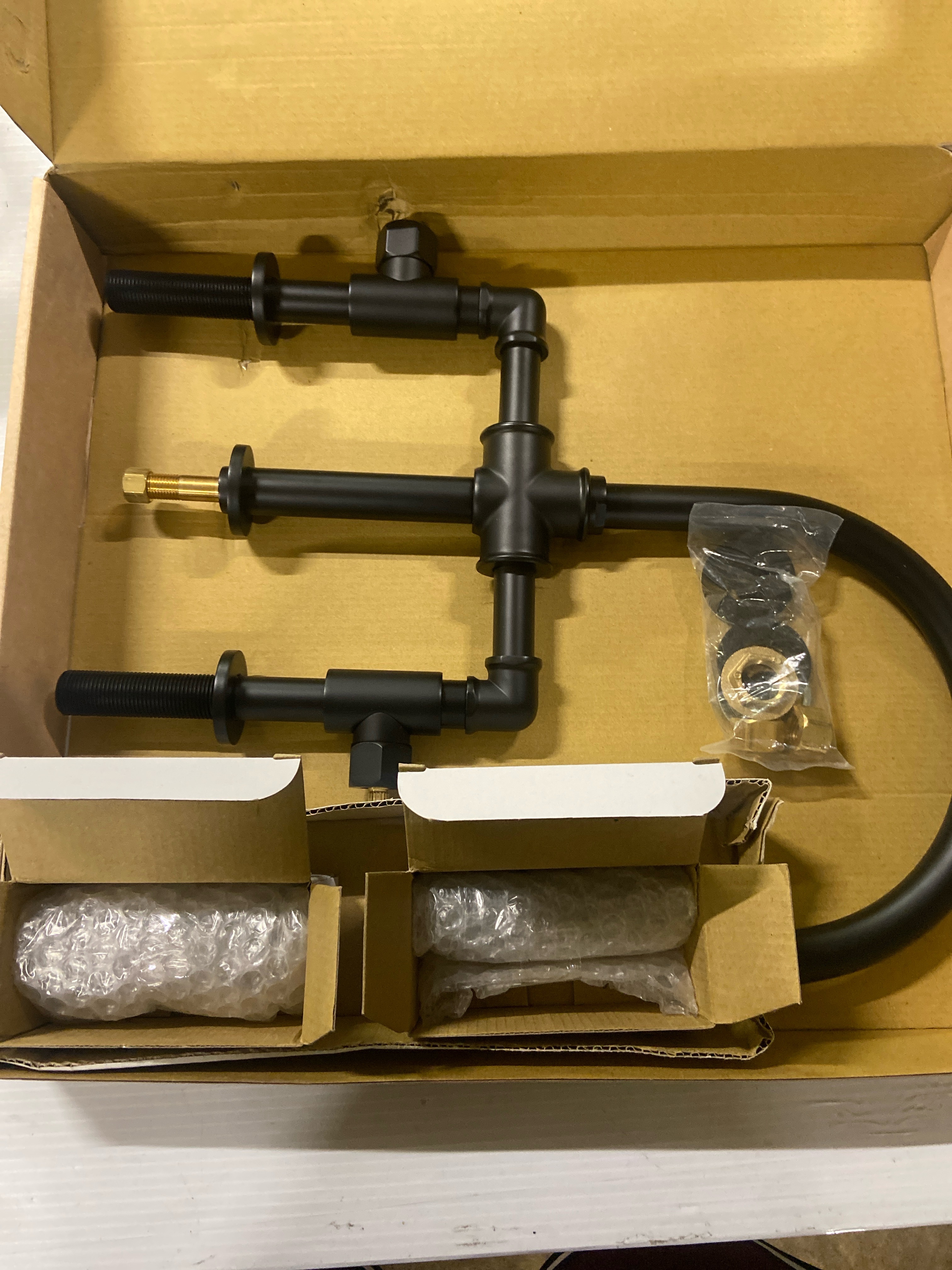 Actual inventory photograph: Kingston Brass KS2330TKL Hallerbos 1.8 GPM Widespread Bridge Kitchen Faucet - Includes Side Spray - Matte Black
