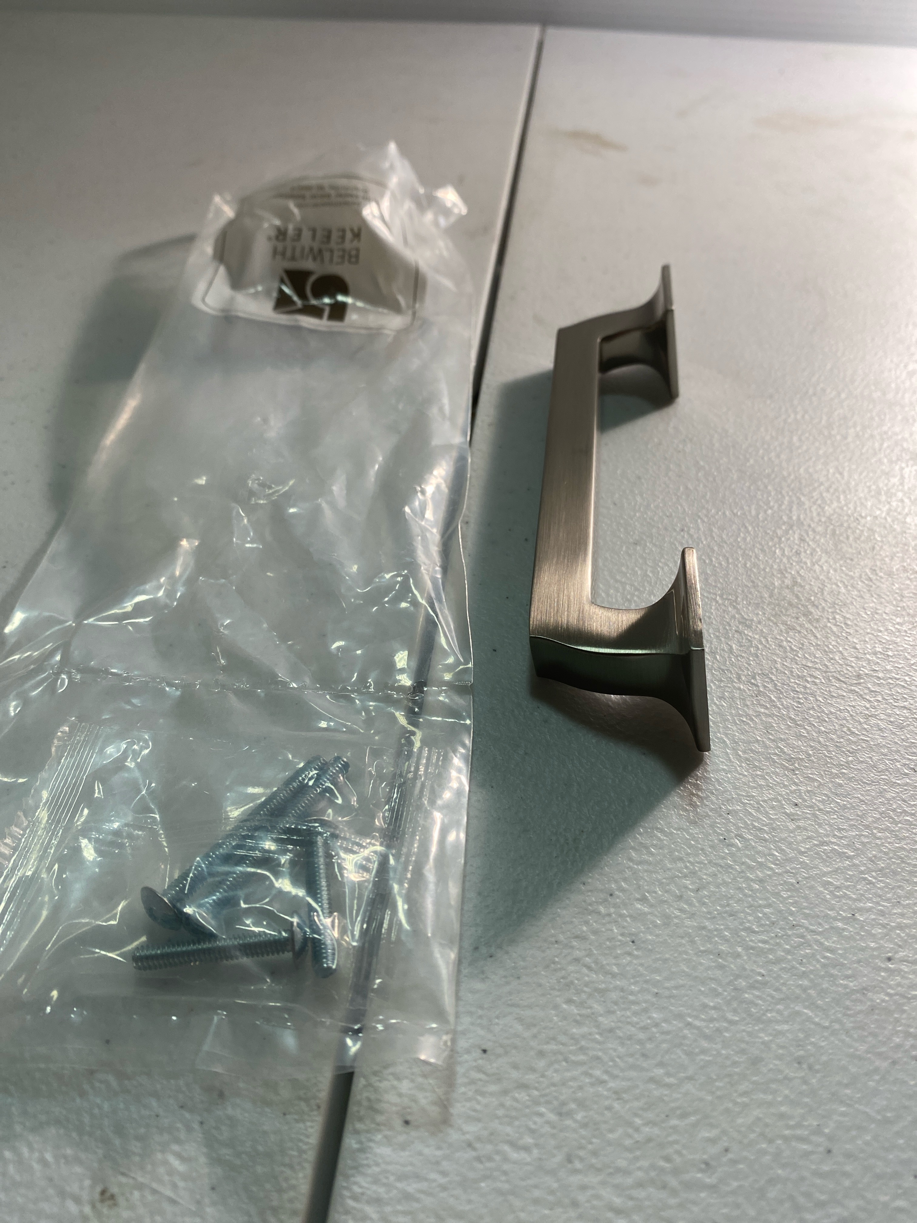 Actual inventory photograph: Belwith Keeler B055552-SN Studio 5-1/16" Center to Center Solid Brass Square Cabinet Handle / Drawer Pull - Satin Nickel
