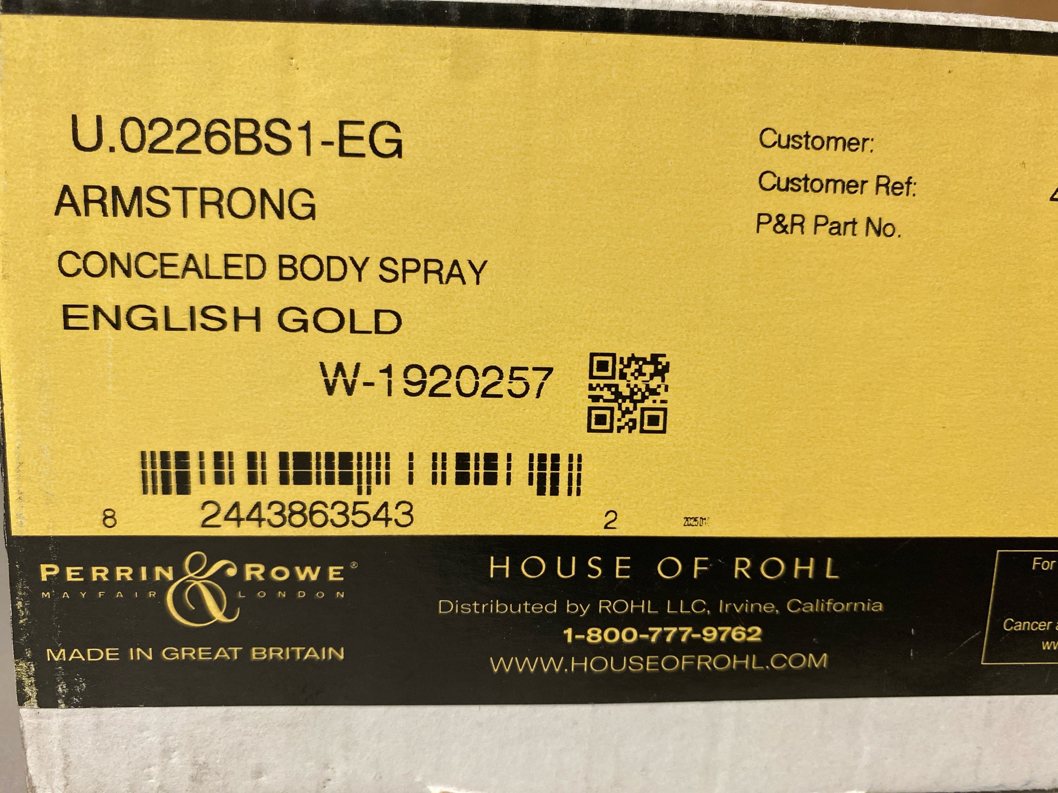 Actual inventory photograph: Perrin and Rowe U.0226BS1EG Single Function Round Brass Body Spray - English Gold